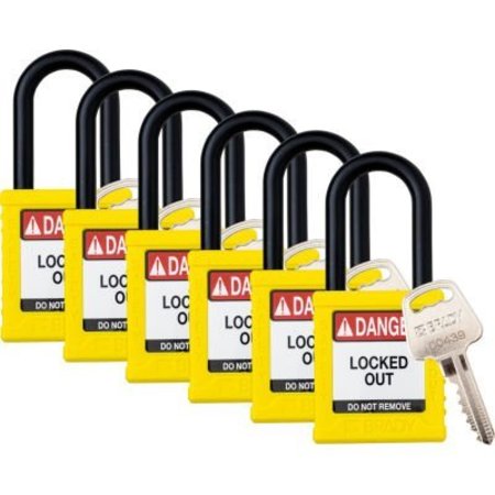 BRADY Brady Safety Lockout Padlock, Keyed Different, 1-1/2in, Plastic/Nylon, Yellow, 6/PK SDPL-YLW-38PL-KD6